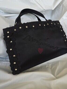 Vintage Moschino Jeans Black Satin Top Handle Bag Y2K Archival Studded Flower